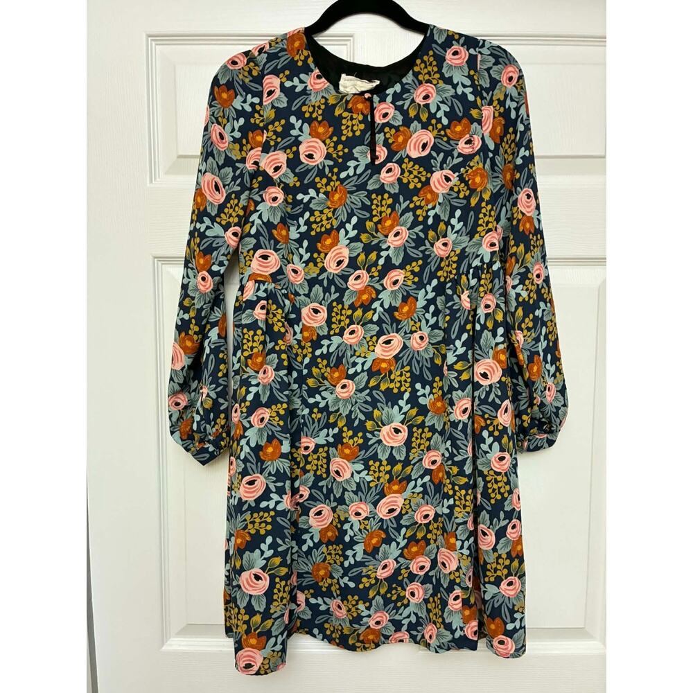 Paper‎ Crown Rifle Paper Co XS Blue Floral Long Sleeve Dress